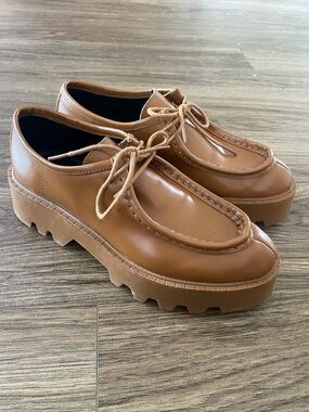 Zara Women's leather Brown Platform Track lug sole loafers size 39 US 8
